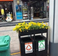 環(huán)衛(wèi)分類垃圾桶上栽花，成為城市風景線